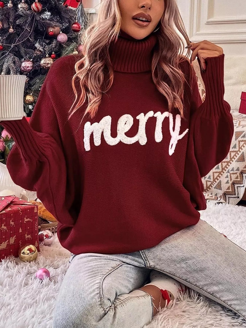 Merry Turtleneck Long Sleeve Christmas Sweater (2)