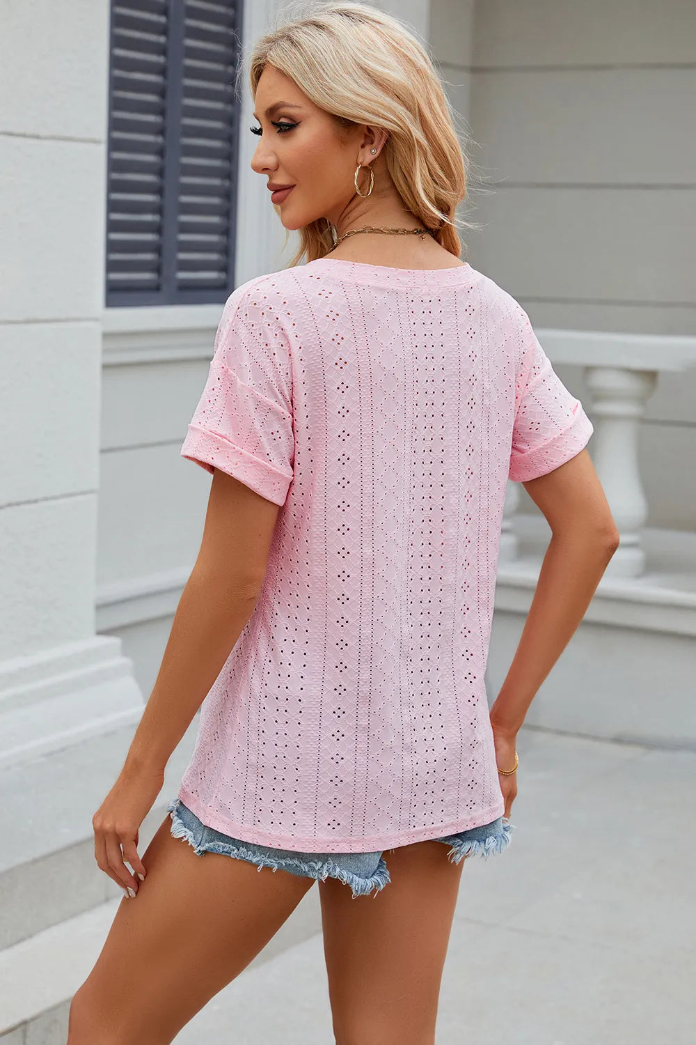 Eyelet V-neck Short Sleeve T-shirt (9)