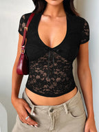 V-neck Short Sleeve Lace Top