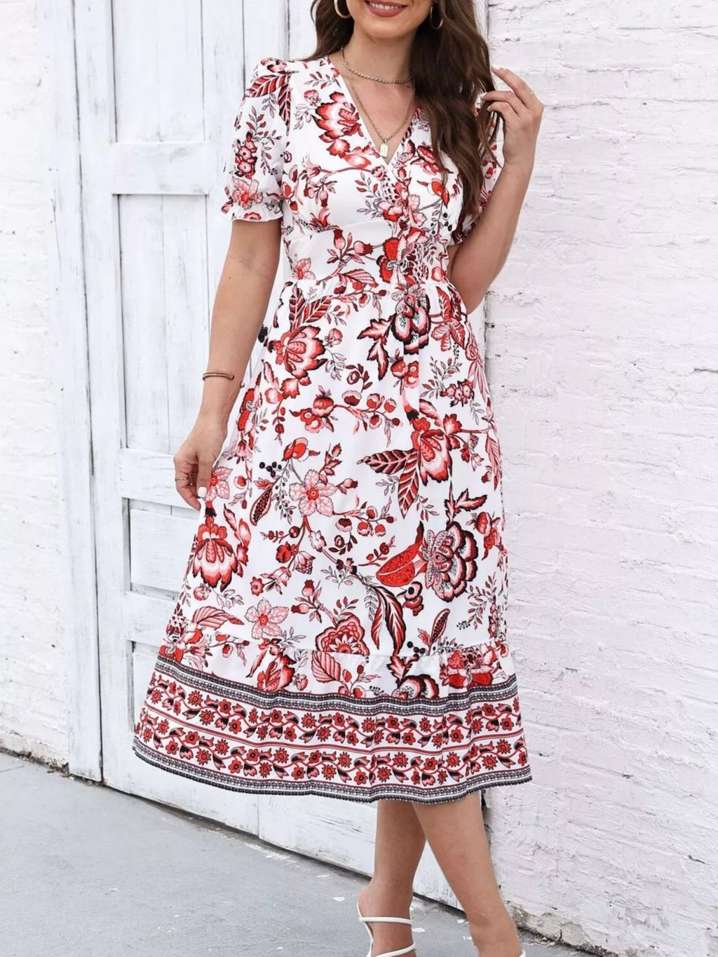 Floral Print Puff Sleeve Wrap Midi Dress (16)