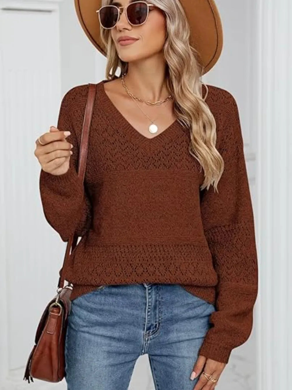 Eyelet V-neck Long Sleeve Sweater (11)
