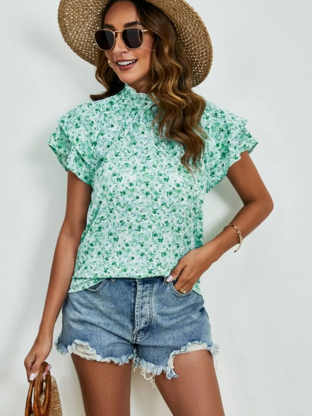 Ditsy Floral Mock Neck Flounce Sleeve Blouse (17)