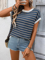 Striped Round Neck Short Sleeve Sweater (8)