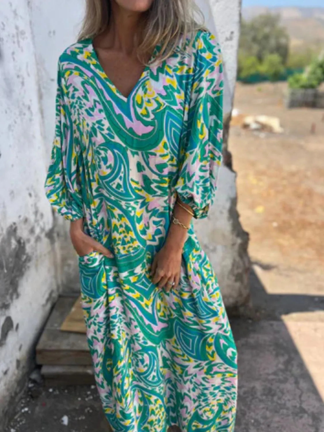 Full Size Printed V-neck Dress Pockets Plus (3)
