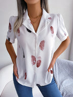 Feather Print Lapel Collar Puff Sleeve Shirt (3)