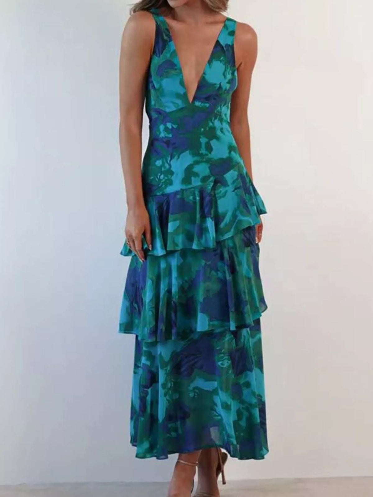 V-neck Sleeveless Floral Print Layered Ruffle Maxi Dress (3)