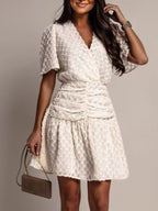Textured Ruched Surplice Short Sleeve Dress (2)