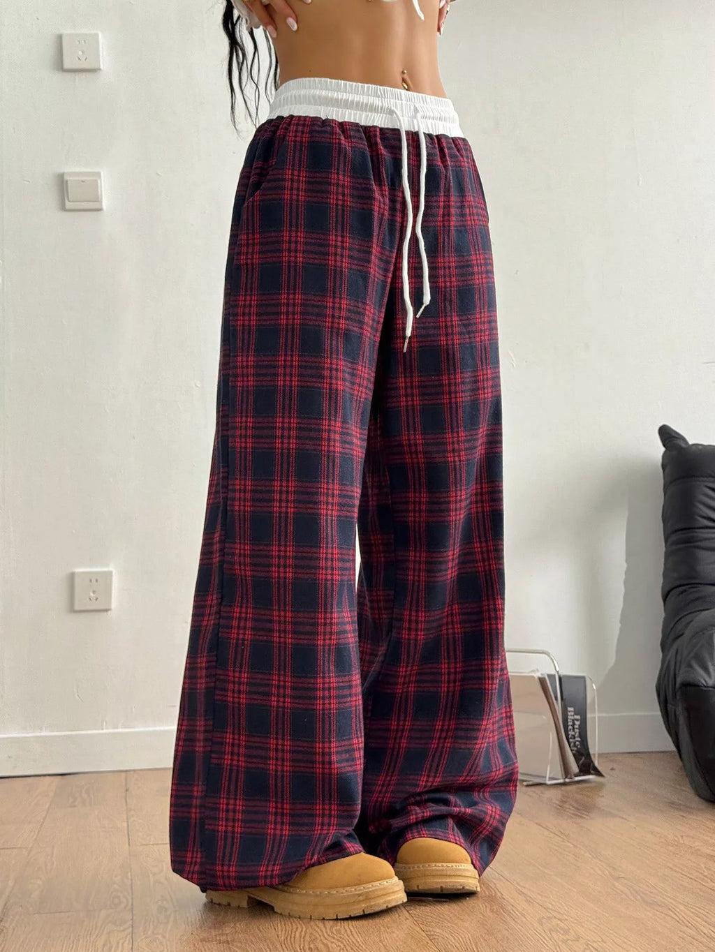 Plaid Wide-leg Pants Elastic Waistband (8)