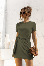 Round Neck Cuffed Sleeve Side Tie Dress (4)
