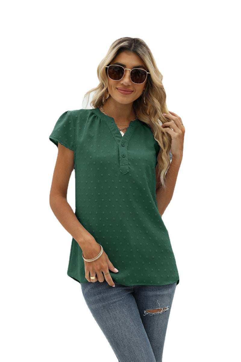 Swiss Dot Notched Neck Short Sleeve Top (3)