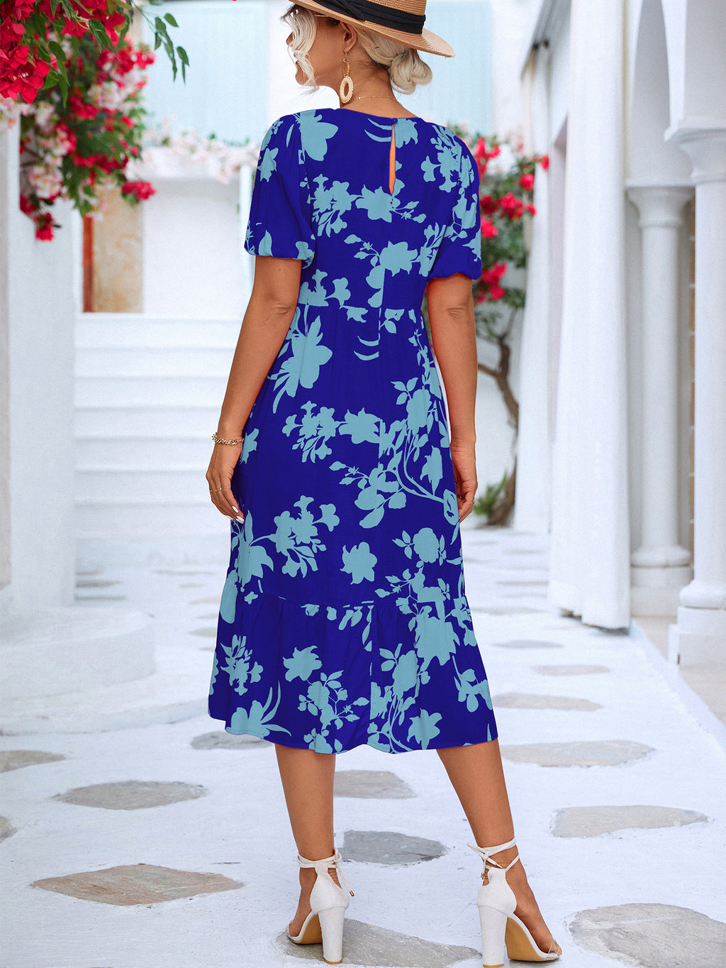 Floral Puff Sleeve Ruffle Hem Midi Dress (15)