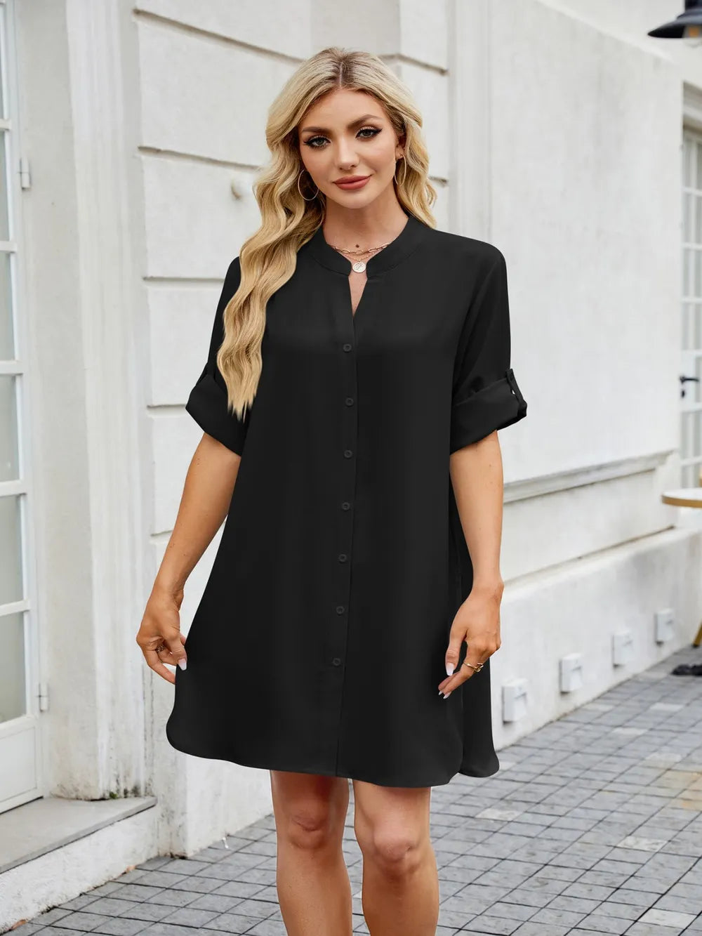 Notched Long Sleeve Mini Shirt Dress (9)