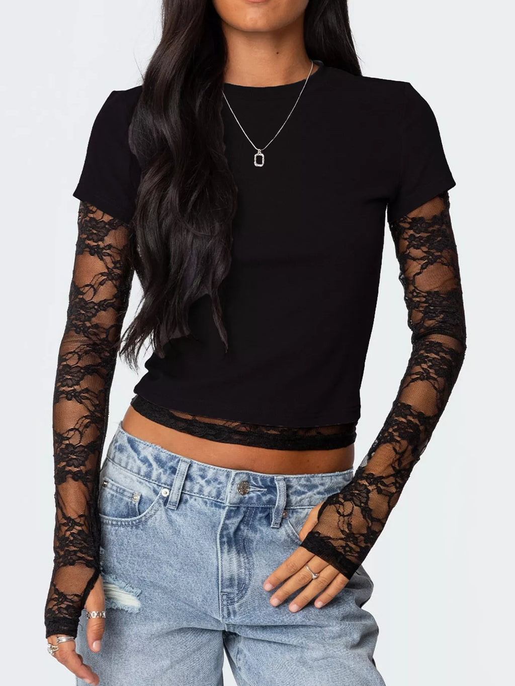 Cropped T-shirt Sheer Lace Sleeves (7)
