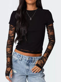 Cropped T-shirt Sheer Lace Sleeves (7)