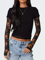 Cropped T-shirt Sheer Lace Sleeves (7)