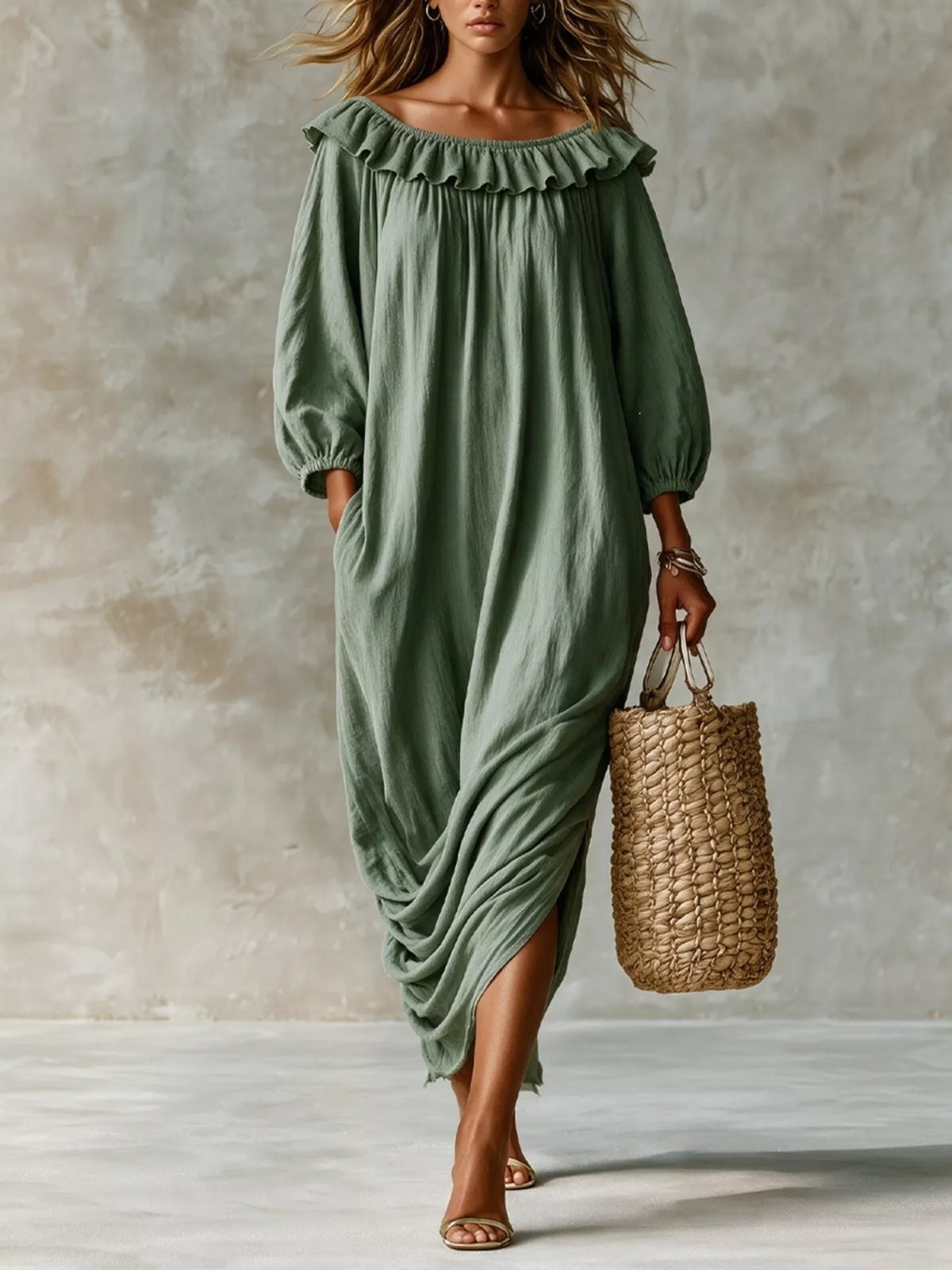 Ruffled Boat Neck Ruched Midi Dress (7)