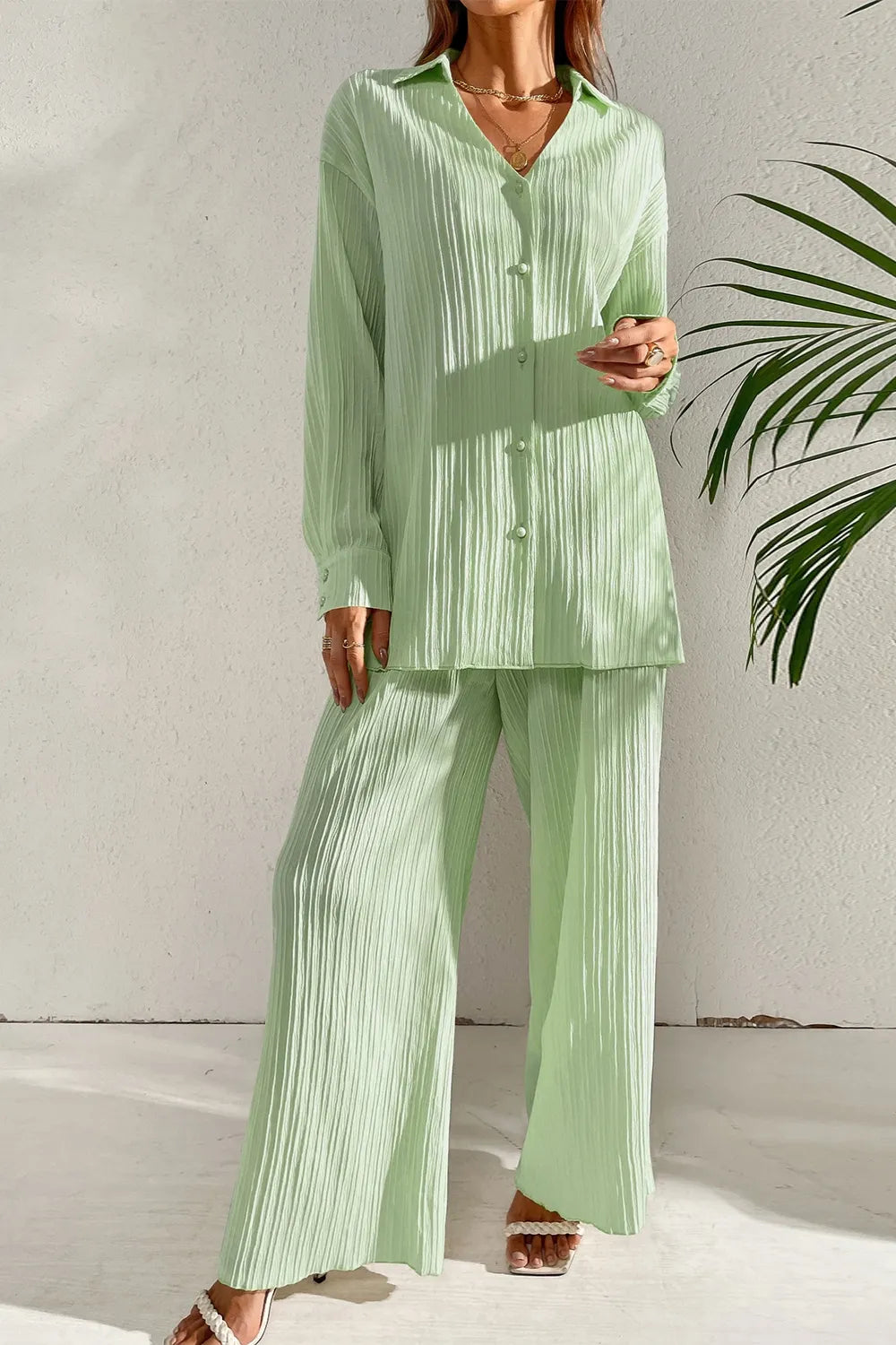 Johnny Collar Button Down Top Pants Set