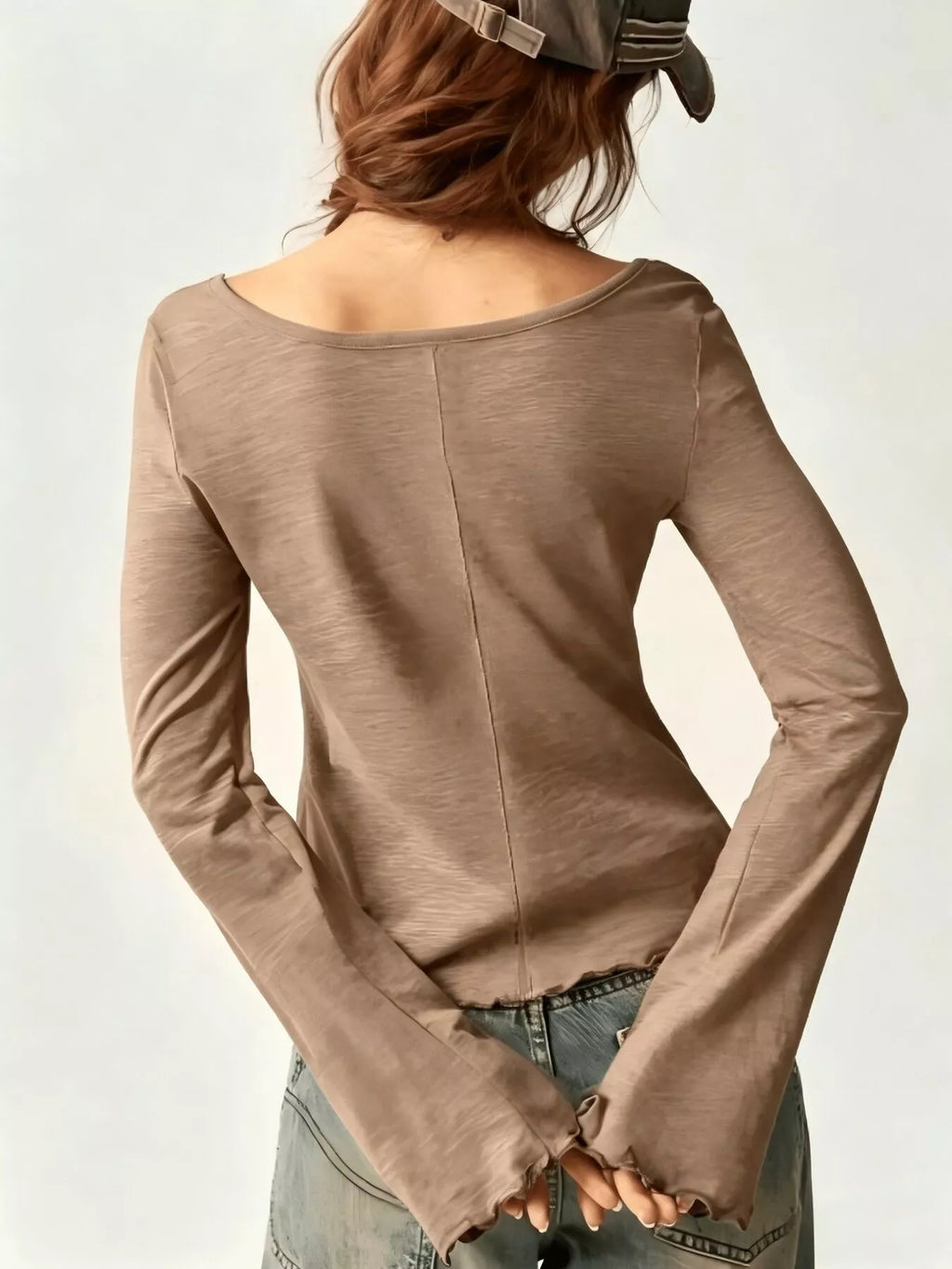 Square Neck Long Sleeve Slim-fit T-shirt (2)