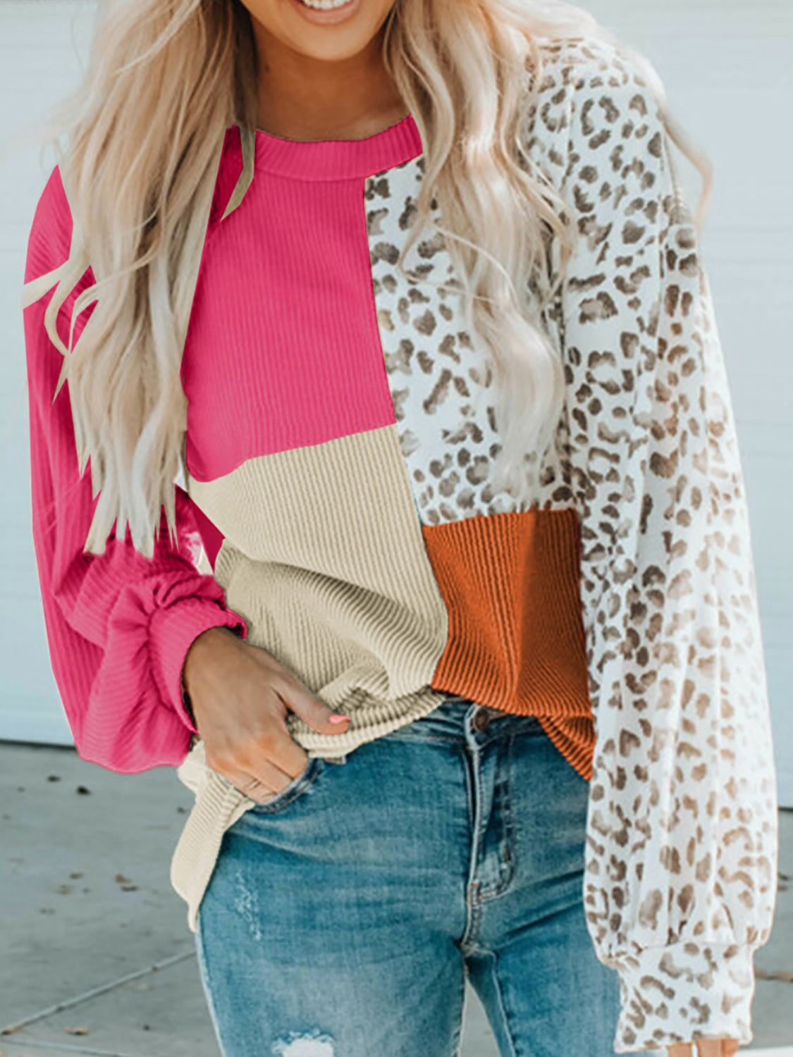 Block Leopard Round Neck Sweatshirt