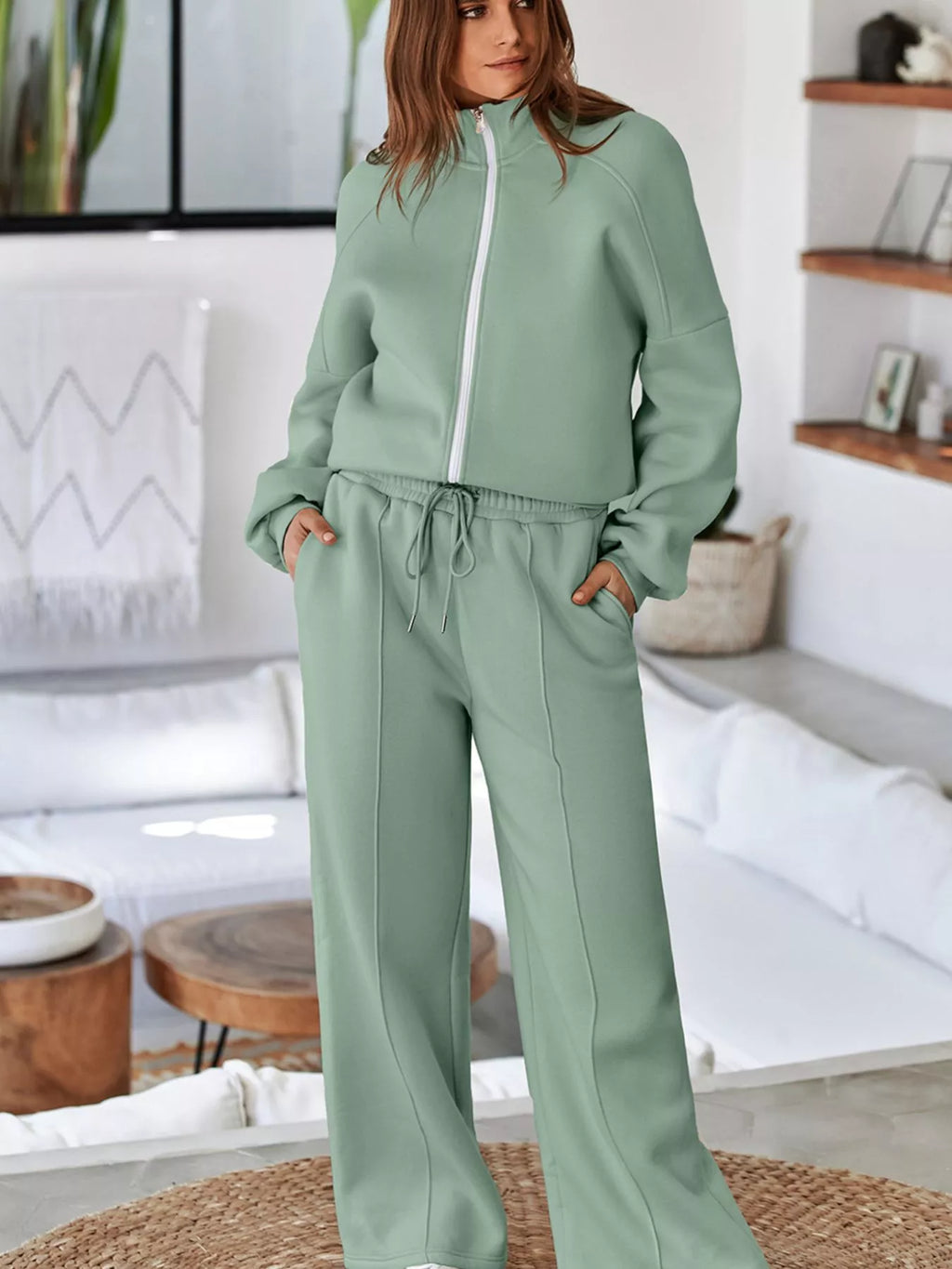 Drop Shoulder Zip Up Jacket Drawstring Pants Active 2pcs Set (31)