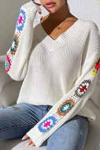 Crochet Flower V-neck Sweater (8)