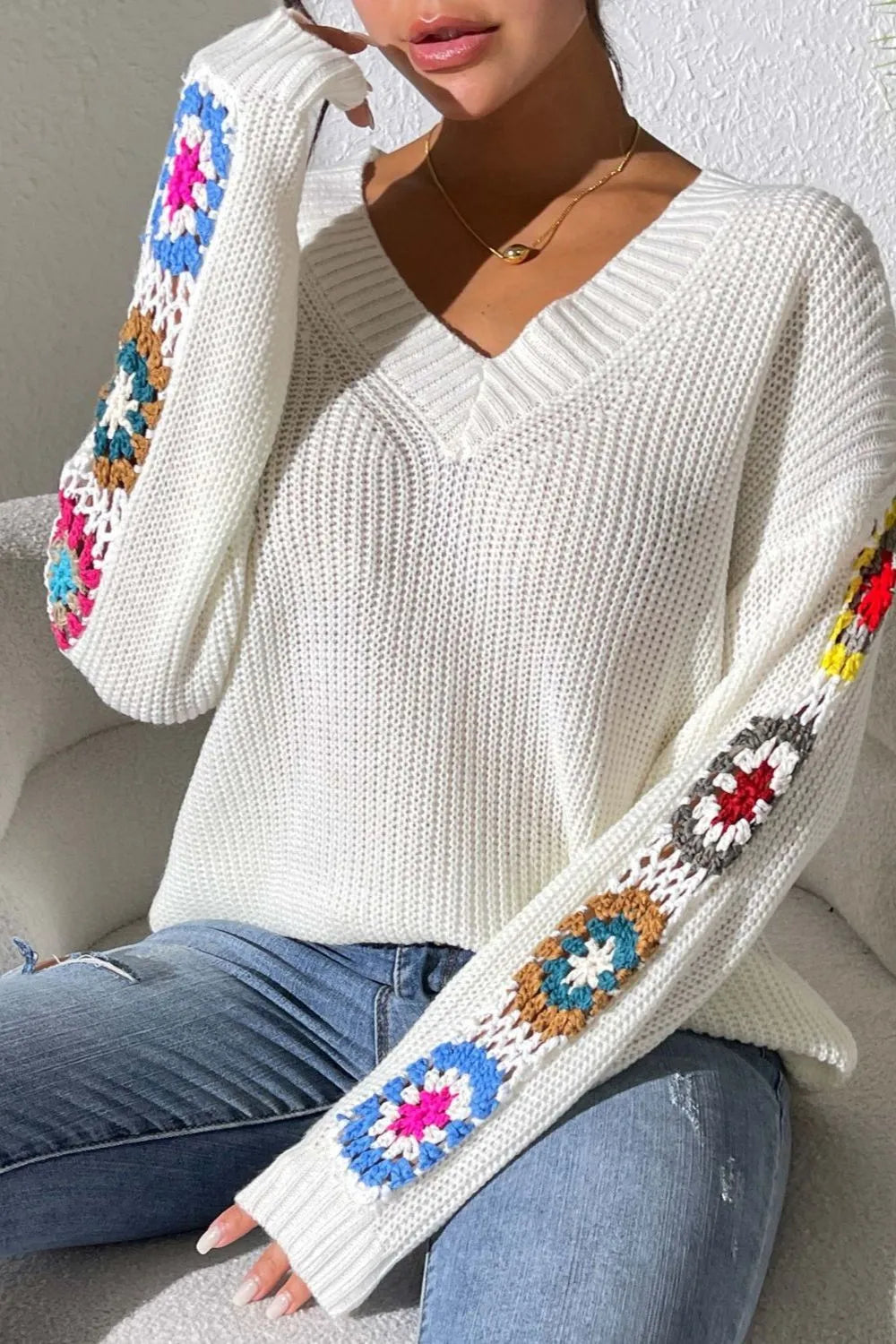 Crochet Flower V-neck Sweater (8)