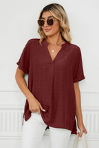 Side Slit Notched Neck Cuffed Short Sleeve Blouse (11)