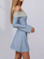 Off-shoulder Flare Sleeve Mini Dress (2)