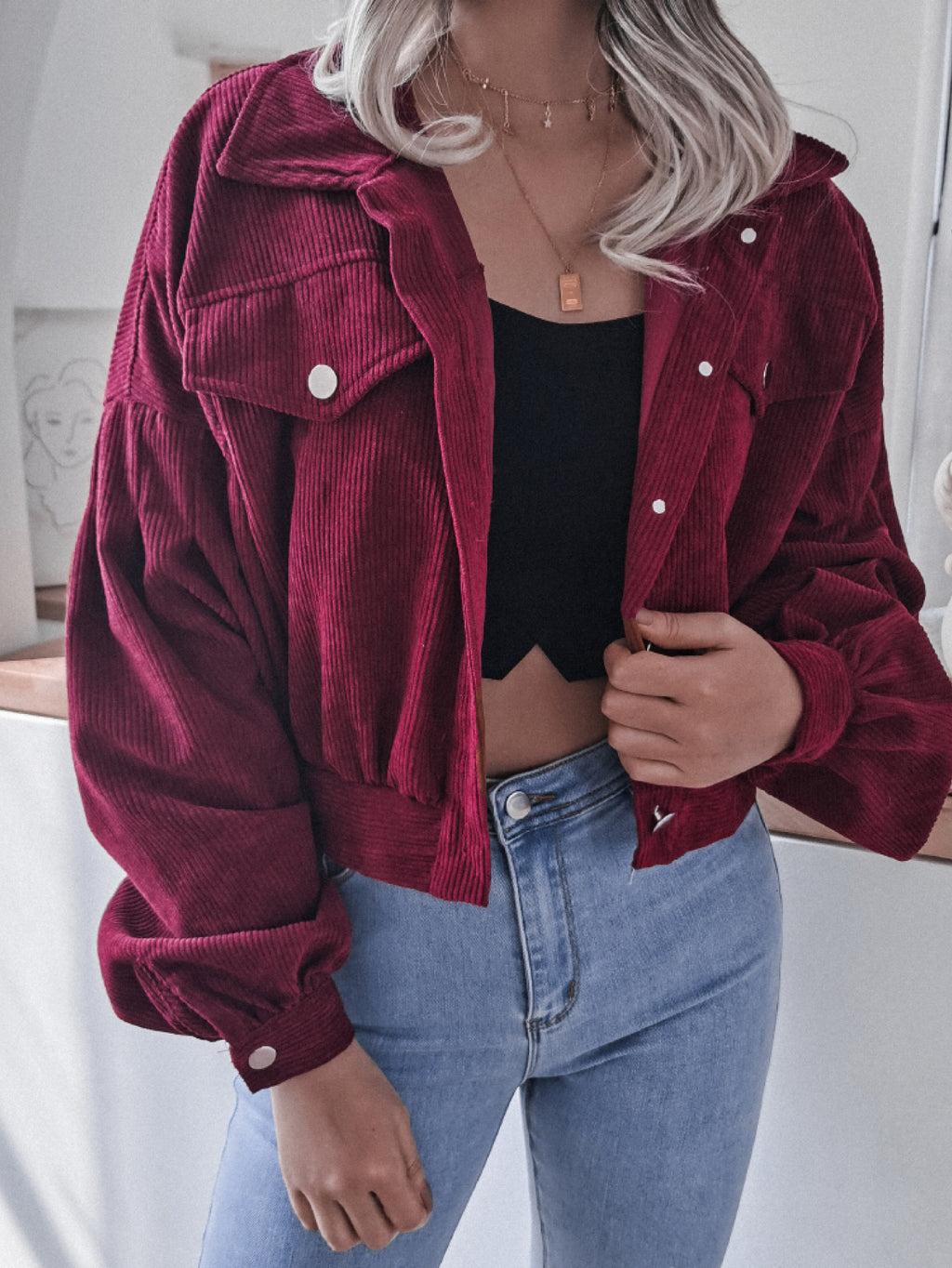 Lantern Sleeve Cropped Corduroy Jacket (8)