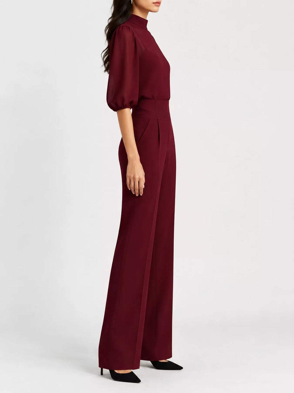 Mock Neck Puff Sleeve Top Wide Leg Pants Set (6)