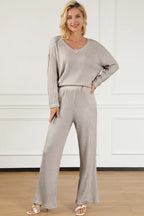 Ribbed V-neck Top Pants Lounge Set (3)
