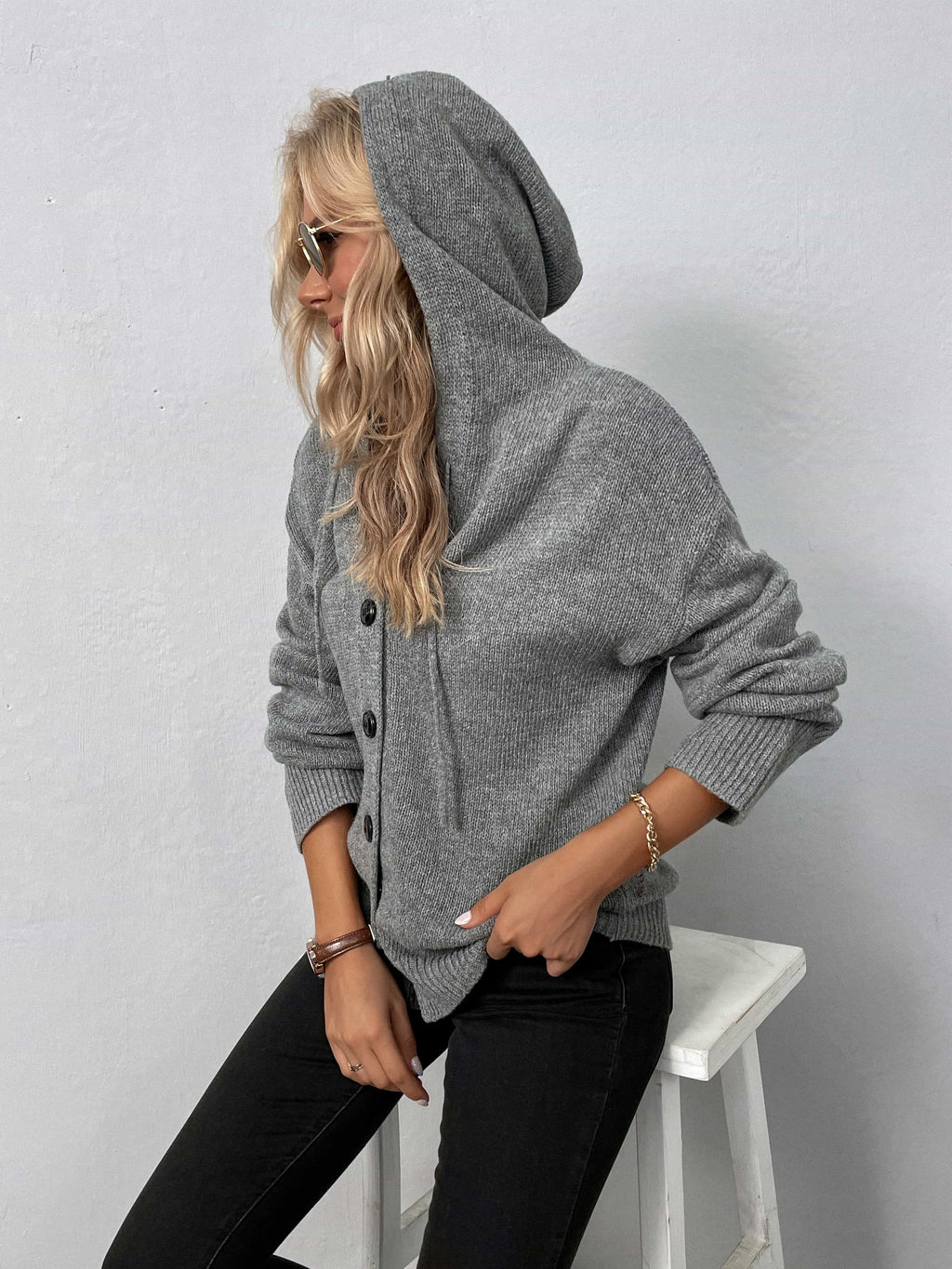Button-down Long Sleeve Hooded Sweater (2)