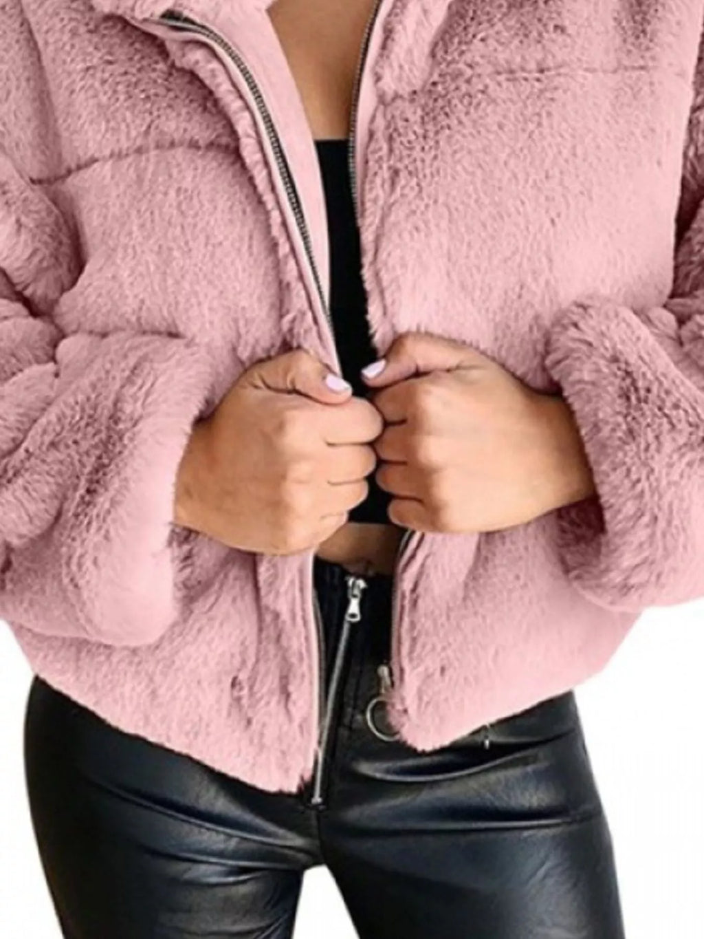 Full Size Faux Fur Cropped Zip-up Jacket Plus (15)