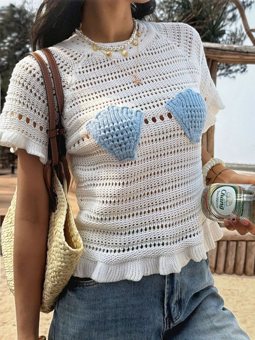 Openwork Ruffled Hem Knit Top (2)
