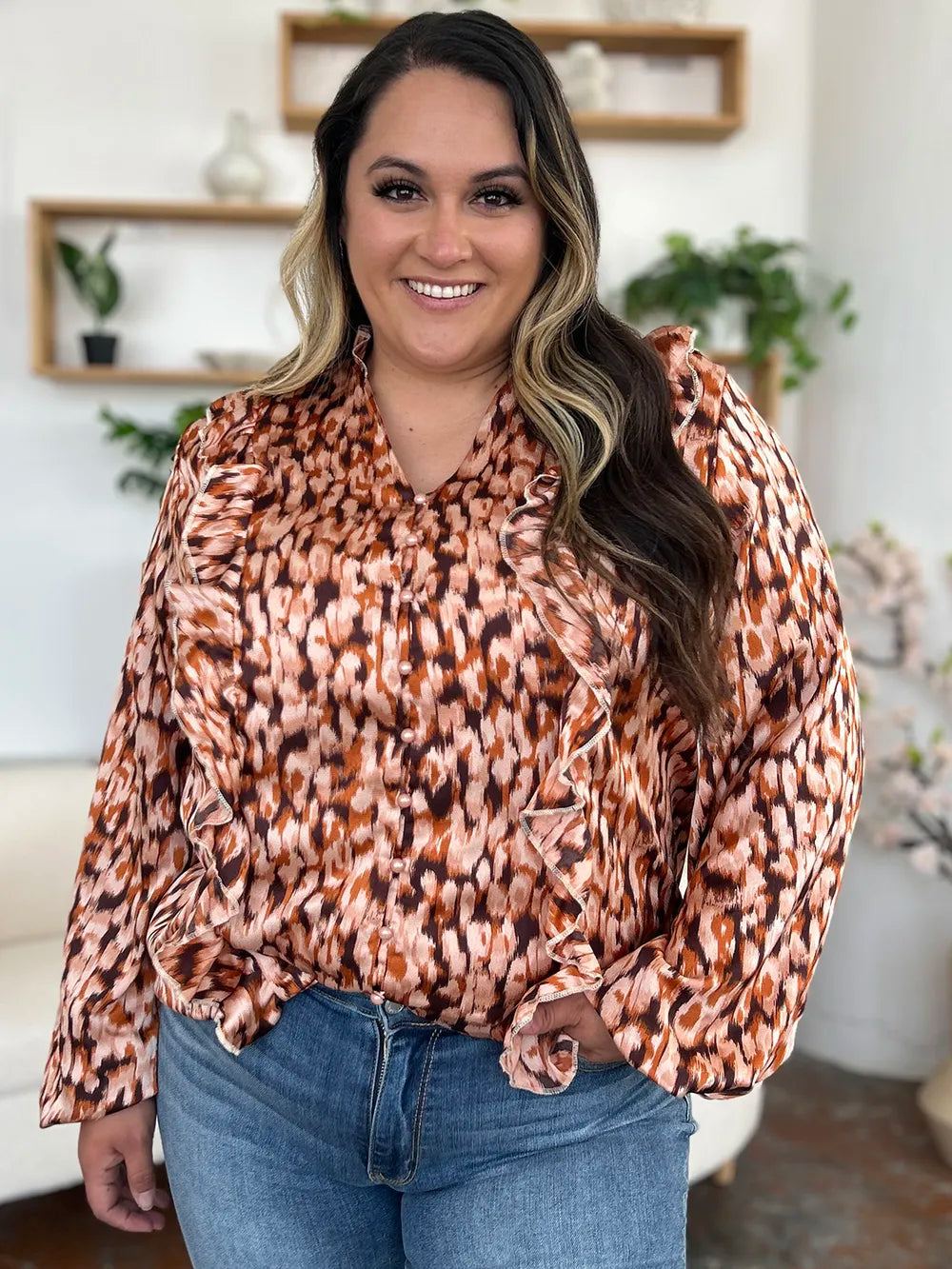 Full Size Printed Ruffle Trim Balloon Sleeve Shirt Plus (8)