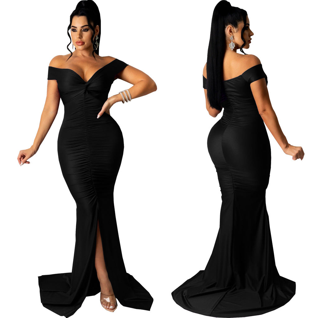 Large V-neck Micro-wrinkle Tight Dress photo 4