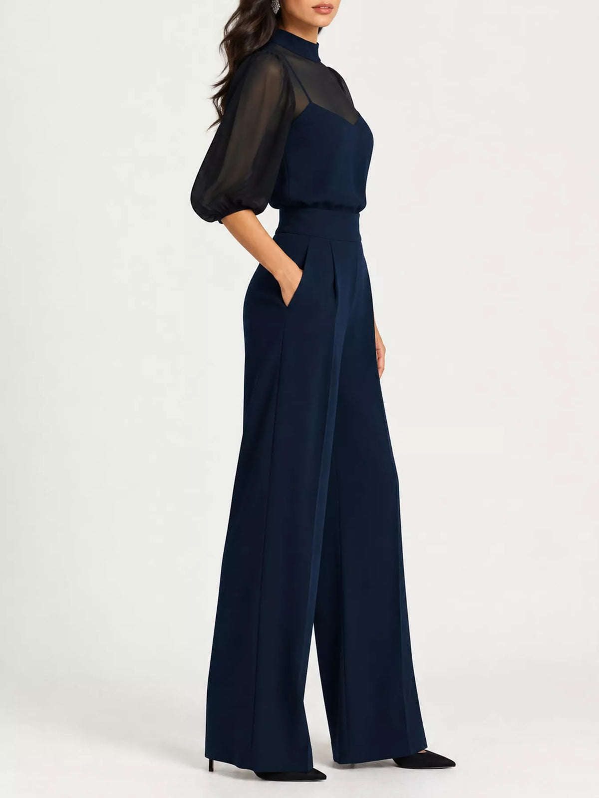 Mock Neck Puff Sleeve Top Wide Leg Pants Set (12)