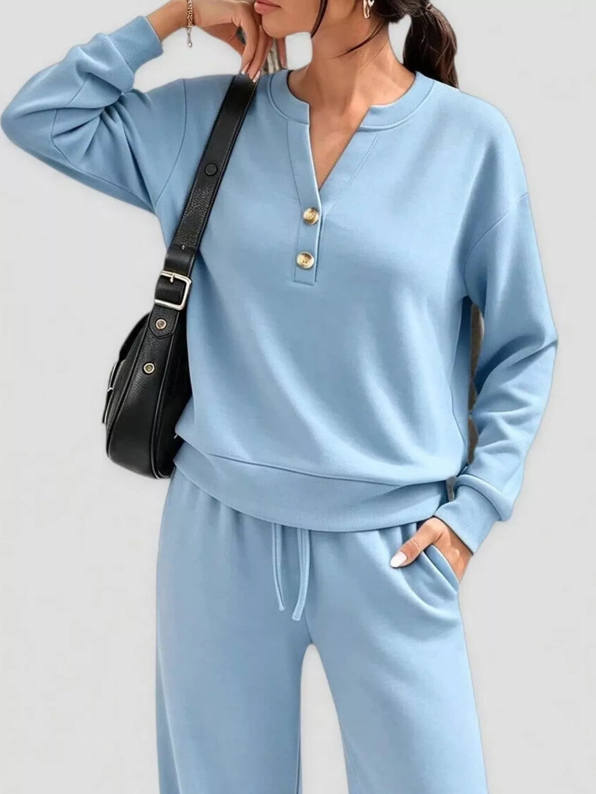 Button Detail Dropped Shoulder Top Pants Set (12)