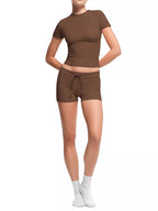 Mock Neck Crop Top Drawstring Shorts Set (3)