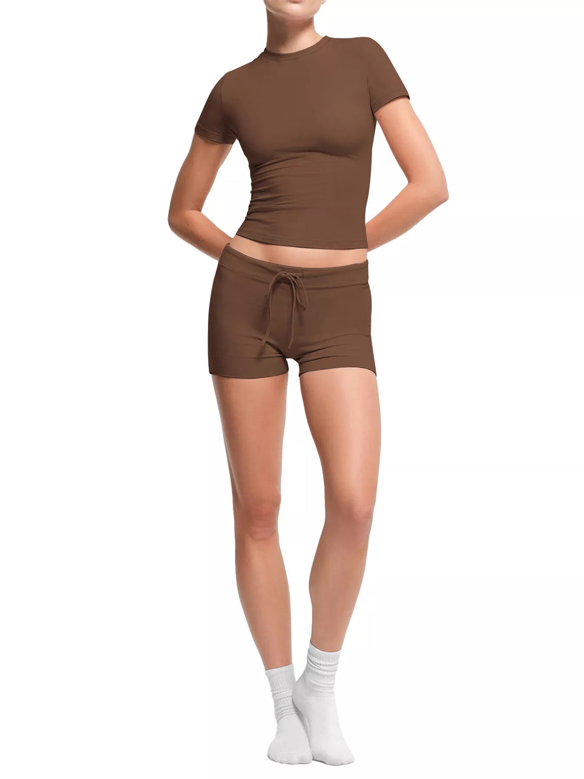 Mock Neck Crop Top Drawstring Shorts Set (3)