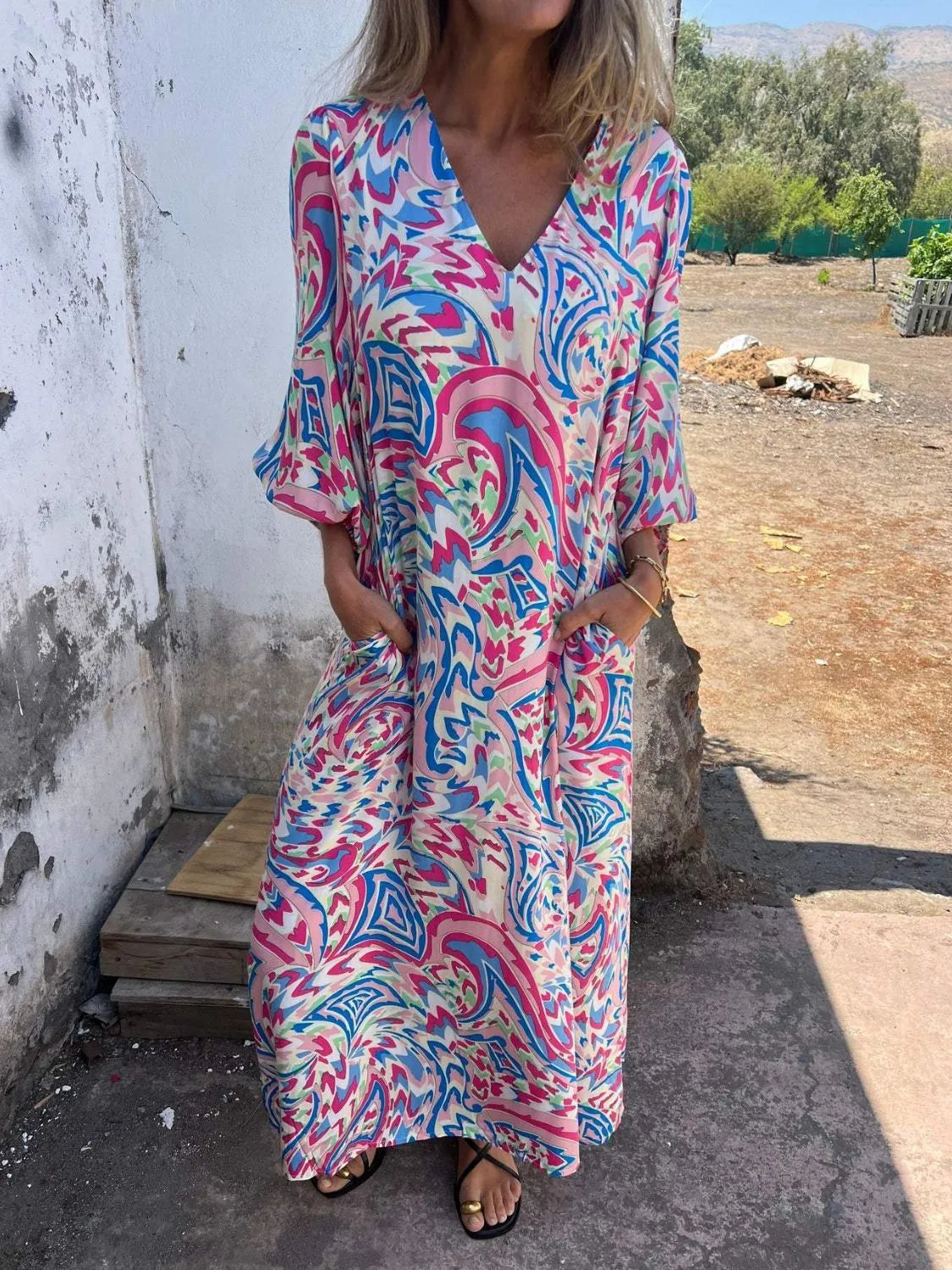 Full Size Printed V-neck Dress Pockets Plus (4)