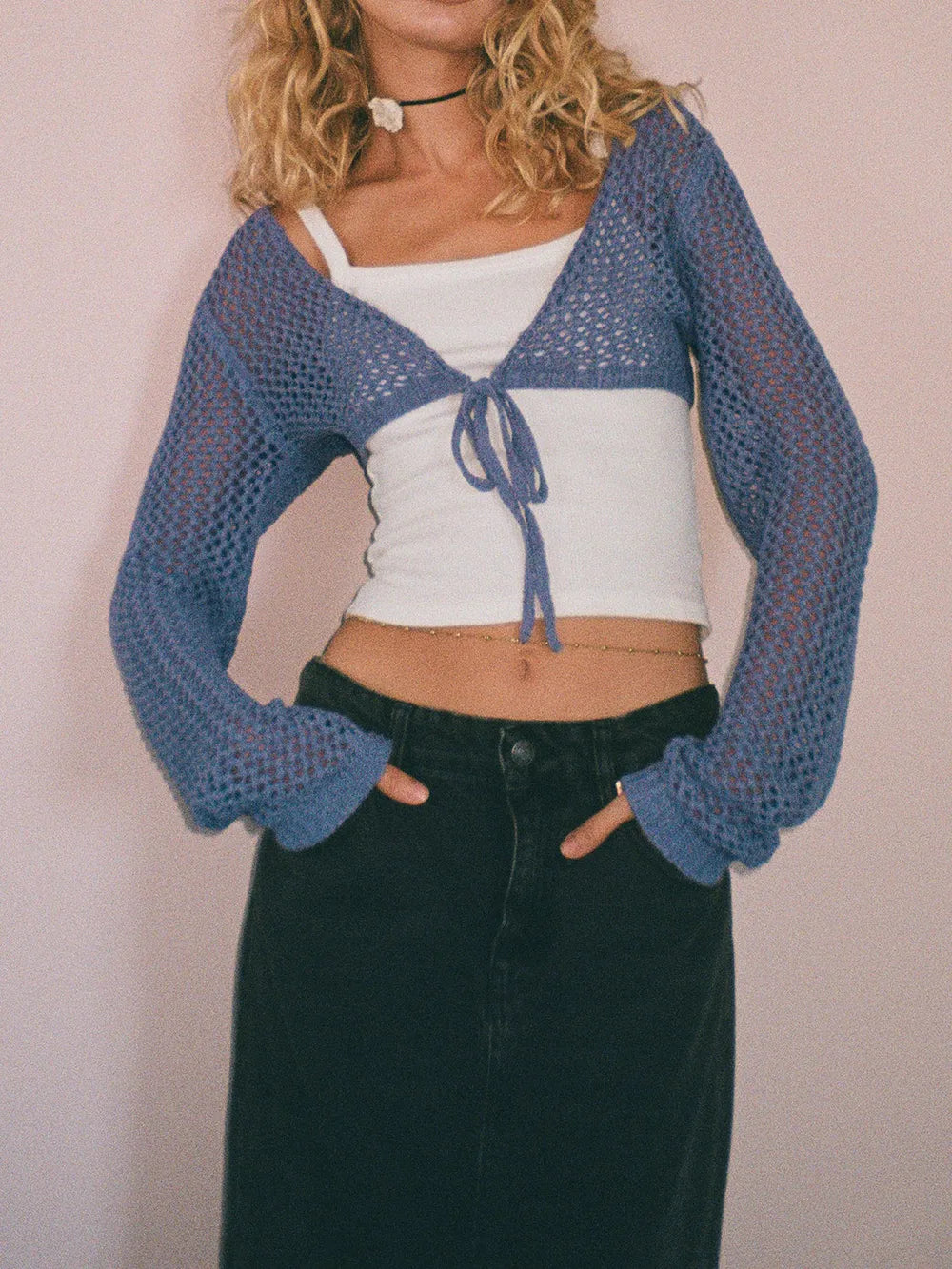 Openwork Tied Dropped Shoulder Cardigan (4)