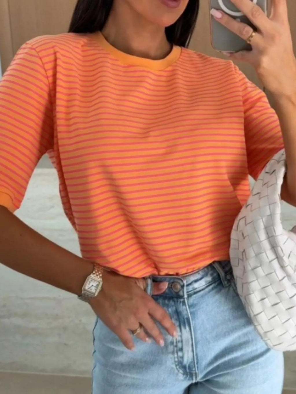 Striped Round Neck Short Sleeve T-shirt (7)