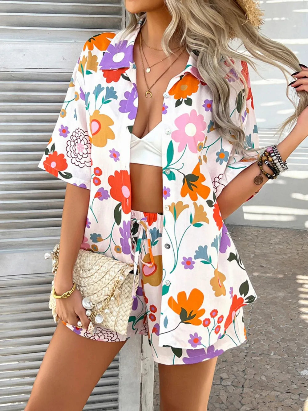 Printed Button Down Shirt Shorts Set (9)