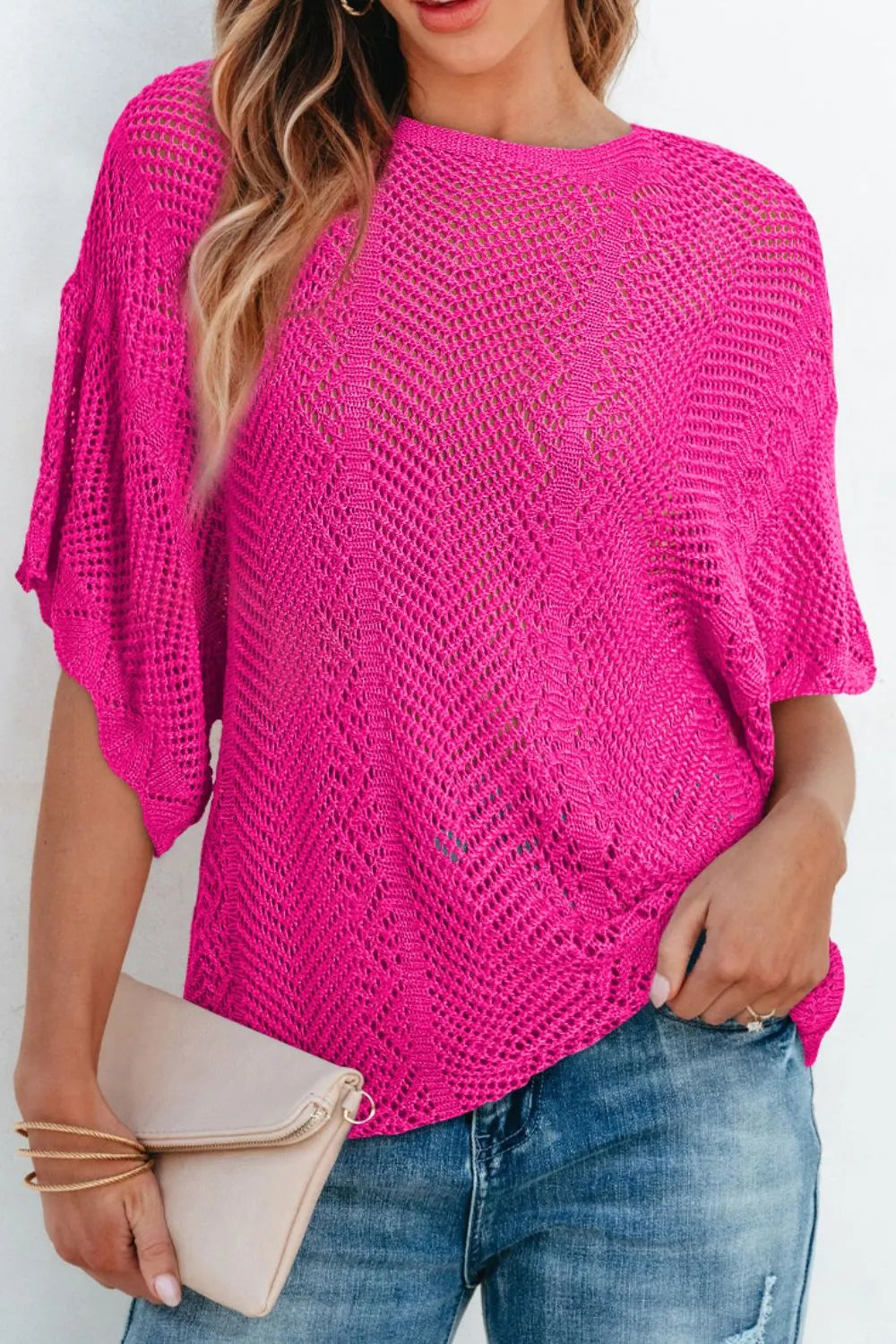 Scallop Edge Half Sleeve Pointelle Knit Top (2)