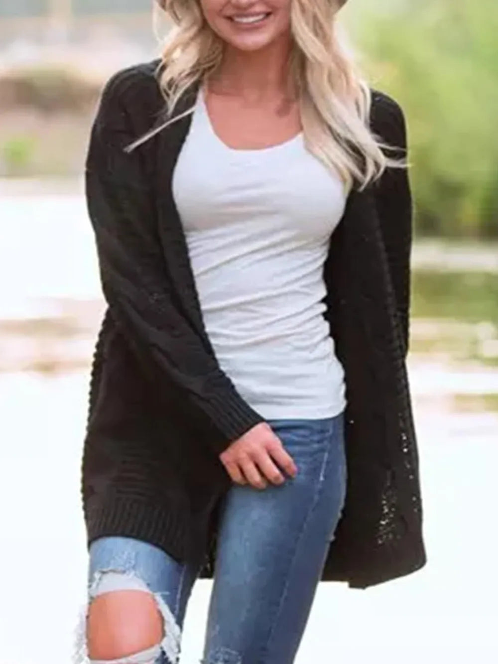Cable-knit Open Front Long Sleeve Cardigan (9)
