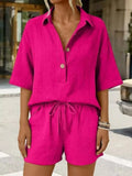 Linen Button Front Short Sleeve Top Shorts Set