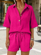 Linen Button Front Short Sleeve Top Shorts Set