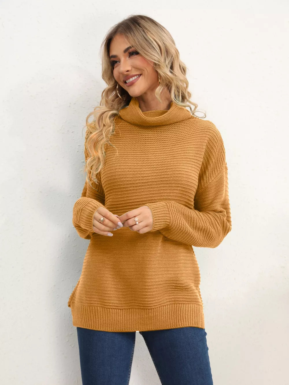 Slit Turtleneck Dropped Shoulder Sweater (18)