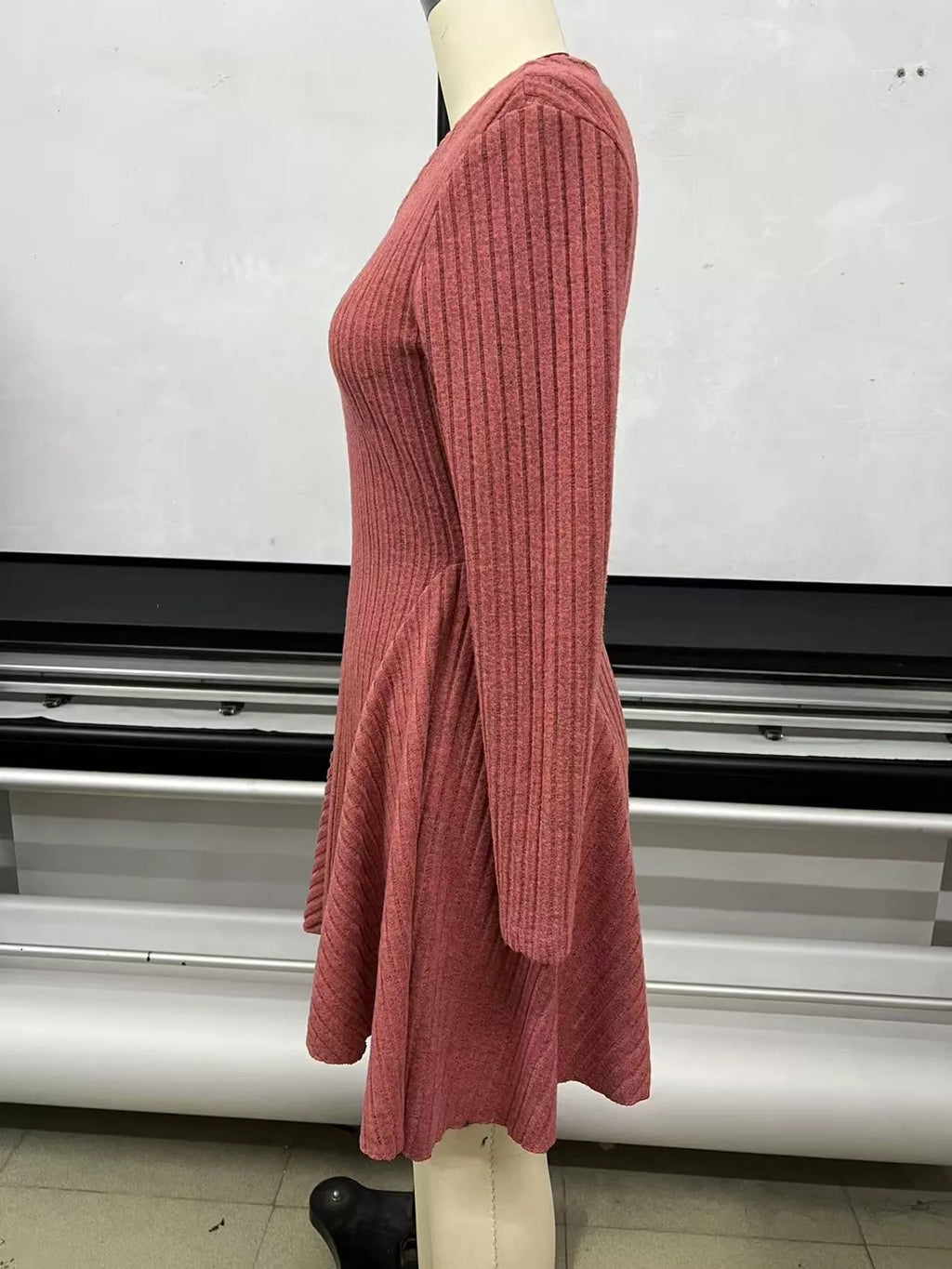 V-neck Ribbed Knit A-line Dress (18)